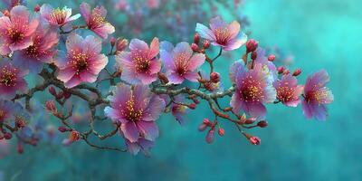 Cherry blossoms bloom beautifully on a branch against a serene turquoise background in springtime photo