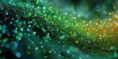 Colorful bokeh effect creates a mesmerizing abstract background in shimmering green and gold tones during evening light photo