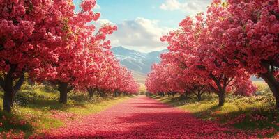 Blossoming cherry trees line a peaceful pathway in a picturesque setting during springtime photo
