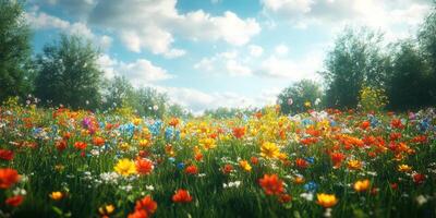 Vibrant wildflower meadow under a blue sky filled with fluffy clouds in early spring photo