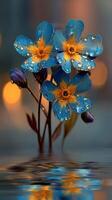 Morning dew glistens on blue flowers standing in shallow water near a serene light backdrop photo