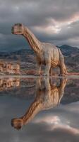 Dinosaur statue reflects in calm water under dramatic clouds in a mountainous landscape photo