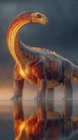 Majestic dinosaur standing in misty water at dawn, showcasing impressive features and vibrant colors photo