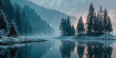 Serene winter landscape with misty lake surrounded by tall evergreen trees at dawn photo