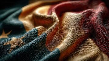 Fabric of Cameroon's national flag displayed with vibrant colors and intricate textures in daylight photo