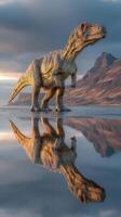 Dinosaur statue stands tall beside mountains reflecting in calm water during sunset hours photo