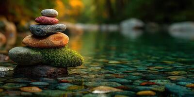 Serene stack of stones by a calm river reflecting autumn colors in the forest during a tranquil afternoon photo