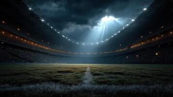 Dramatic night view of an empty football stadium under a cloudy sky with bright floodlights photo