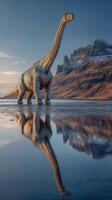 Dinosaur stands on a reflective lake in a serene landscape with mountains during sunrise photo