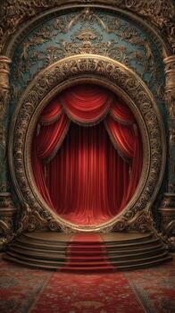 Intricate theater stage with red curtains and ornate detailing in a grand setting photo