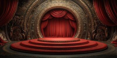 Elegant theater stage adorned with ornate decorations and rich red curtains illuminated softly in a cozy ambiance photo