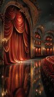 Elegant theater interior with rich red curtains and ornate architecture in evening setting photo