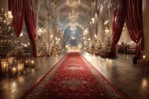Elegant holiday corridor adorned with lights, decorations, and Christmas trees during a festive gathering in a grand hall photo