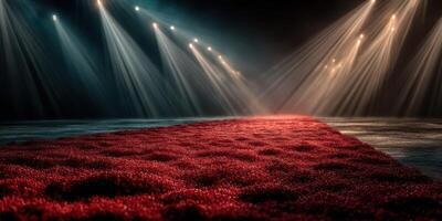 Red carpet illuminated by soft spotlights in a dark venue creating a dramatic entrance atmosphere photo