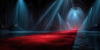 Dramatic lighting and deep shadows create an enchanting pathway in a grand hall with red carpet photo