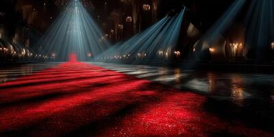 Elegant red carpet leading to a mysterious entrance in a dimly lit venue during a glamorous event photo