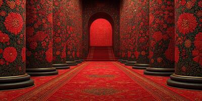 Intricate red floral patterned hall leading to a grand archway with elegant steps in a historic building photo