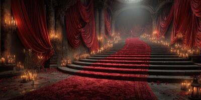Luxurious red carpet cascading down grand staircase in elegant, dimly lit hall adorned with candles and rich drapes photo