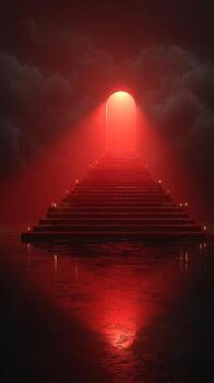 Spiritual ascent through a red-lit doorway on a staircase surrounded by fog at twilight hour photo