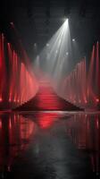 Stairs illuminated by red and white lights create an atmospheric setting for a fashion event photo