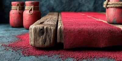Detailed view of red powder spilling from wooden surface in a rustic setting photo