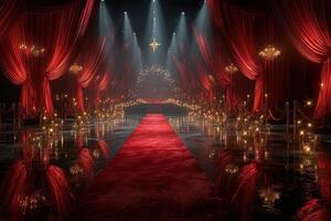 Grand festive hall with red curtains and candlelit pathway illuminating a stage for a celebration event photo