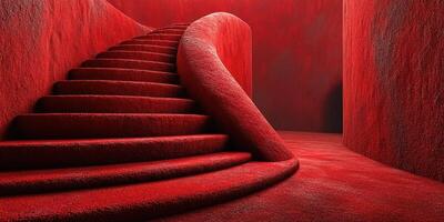 Curved red staircase in a vibrant, minimalist interior design space with bold colors and smooth textures photo