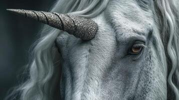 Majestic unicorn with shimmering horn gazing into the distance surrounded by an ethereal atmosphere photo