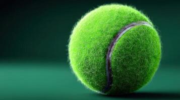 Bright green tennis ball resting on a dark surface with textured fibers and a seam visible under soft lighting photo