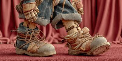 Unique wooden puppet with detailed features stands on stage in worn shoes against a red curtain backdrop photo