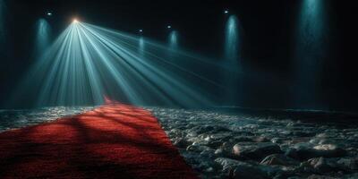 Red carpet leading into a spotlighted dark venue with beams of light illuminating the path photo