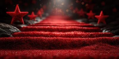 Lush red carpet with stars leading to a light source at an elegant event location photo