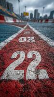 Racing track perspective capturing lane markings and urban skyline in dynamic city environment photo
