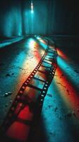 Colorful film strip glows on a textured floor with dramatic lighting in a dimly lit space photo