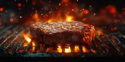 Juicy steak sizzling on grill with flames and embers lighting the scene photo