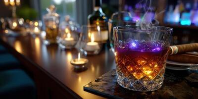 Sophisticated evening lounge with a smoky cocktail and ambient lighting in a stylish bar setting photo