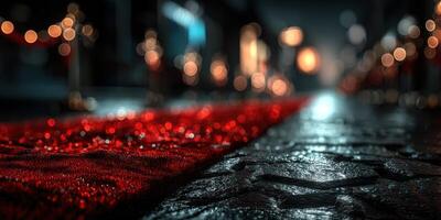 Bright red carpet leads to an elegant event venue surrounded by soft lights and reflections during an evening celebration photo