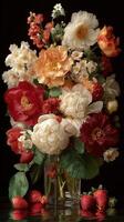 Bright bouquet of fresh flowers with strawberries on a dark background in a glass vase photo