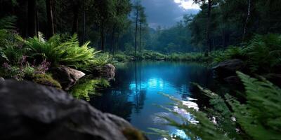 Serene forest landscape with a tranquil pond reflecting lush greenery and moody skies at dusk photo