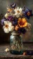 Dried flower arrangement in vintage glass jar on rustic wooden table with soft natural light photo