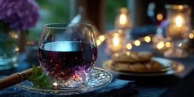 Evening gathering with a glass of red wine and cookies on a beautifully set table in soft candlelight photo