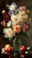Colorful arrangement of flowers and apples in a glass jar on a dark table setting photo