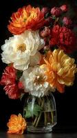 Vibrant bouquet of peonies and flowers arranged elegantly in a clear glass vase against a dark backdrop photo