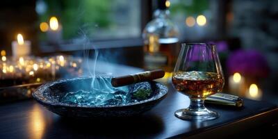 Cigar resting in an ashtray beside a glass of amber whiskey in a cozy, dimly lit setting photo