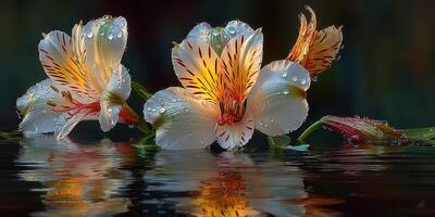 Beautiful freshly bloomed flowers reflect on calm water with dew drops at dawn in a serene natural setting photo
