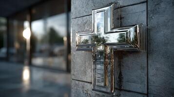 Reflective metal cross adorns modern building facade in urban setting during daylight hours photo