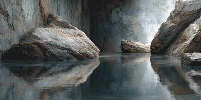 Serene rock formations mirrored in calm water within a secluded cave at midday photo