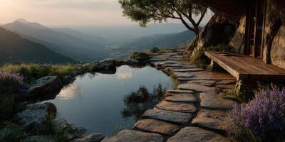 Mountain retreat features serene pond and natural landscape at sunset photo