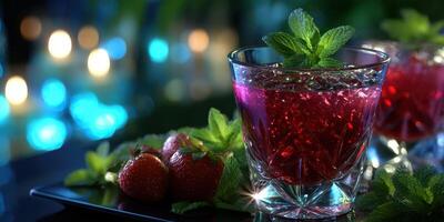 Refreshing cocktail with strawberries and mint in a vibrant setting at a nighttime gathering photo
