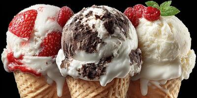 Delicious scoops of ice cream in waffle cones with fresh strawberries, chocolate, and vanilla flavors served in vibrant colors photo